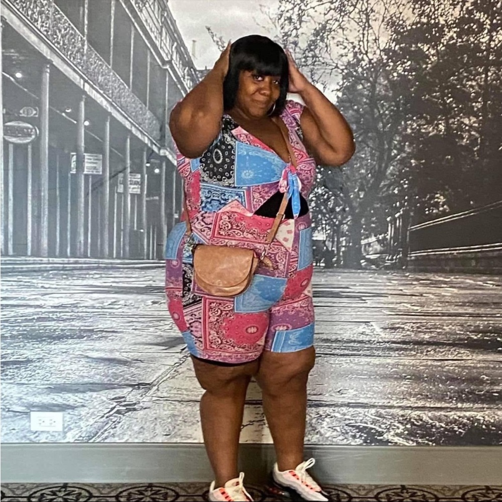 Bandana Print Tie-Front Romper in Pink & Blue